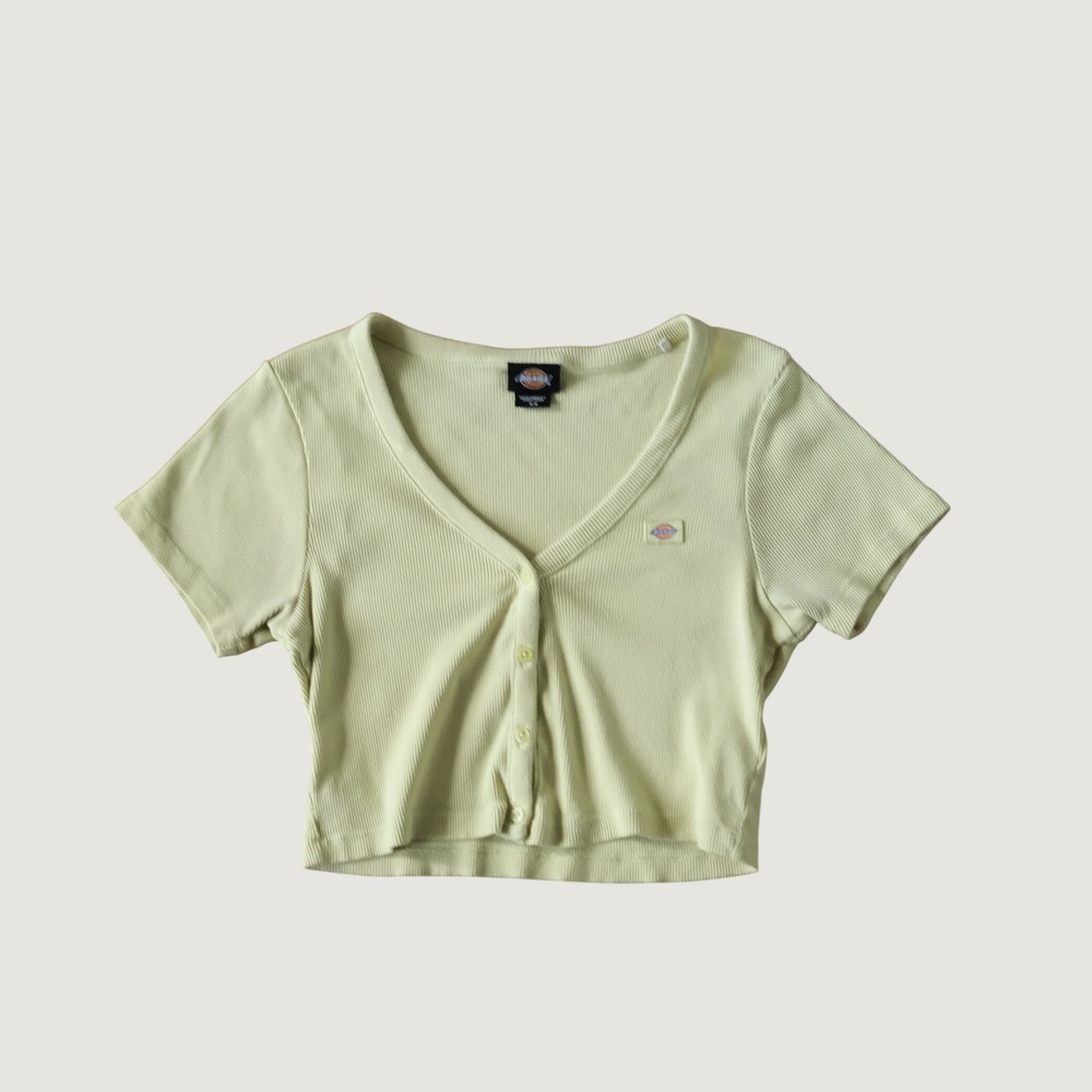 Dickies Emporia Cardigan Pale Green Cropped Ribbed Cotton M Short Sleeve Casual